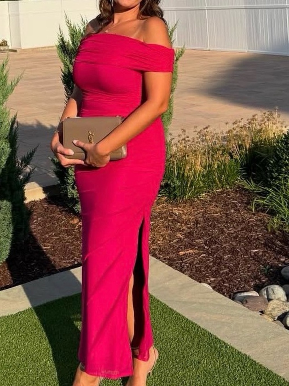 Abercrombie & Fitch Off-Shoulder Fuchsia Maxi Dress with Side Slit